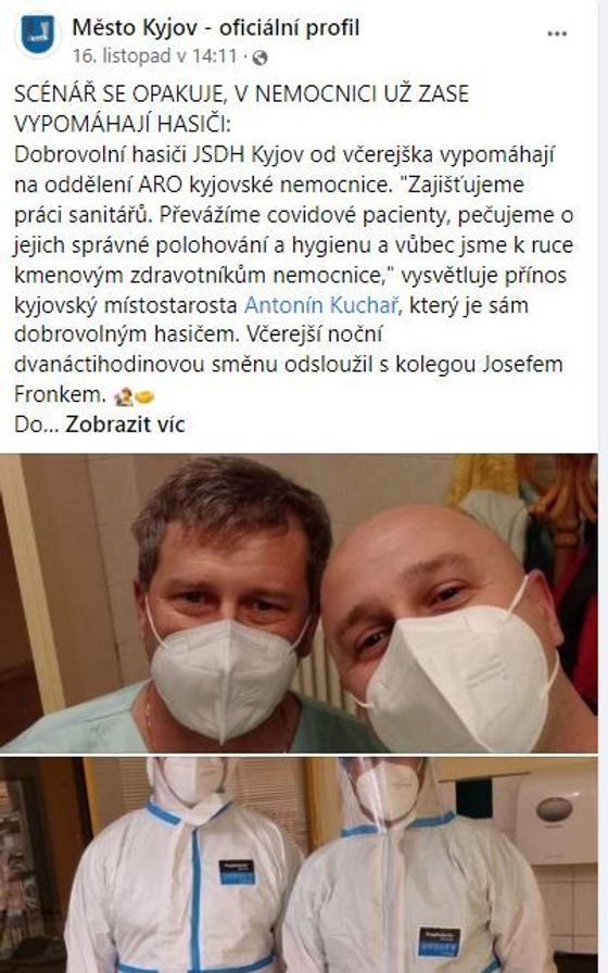 Na facebookovém profilu Kyjova je tato zmínka o dobrovolné pomoci ve vytížené kyjovské nemocnici v polovině listopadu.