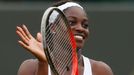 Sloane Stephens of the U.S. reacts after defeating Andrea Petkovic of Germany in their women's singles tennis match at the Wimbledon Tennis Championships, in London June