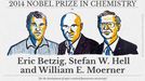 Eric Betzig, Stefan W. Hell a William E. Moerner. Laureáti Nobelovy ceny za chemii pro rok 2014.