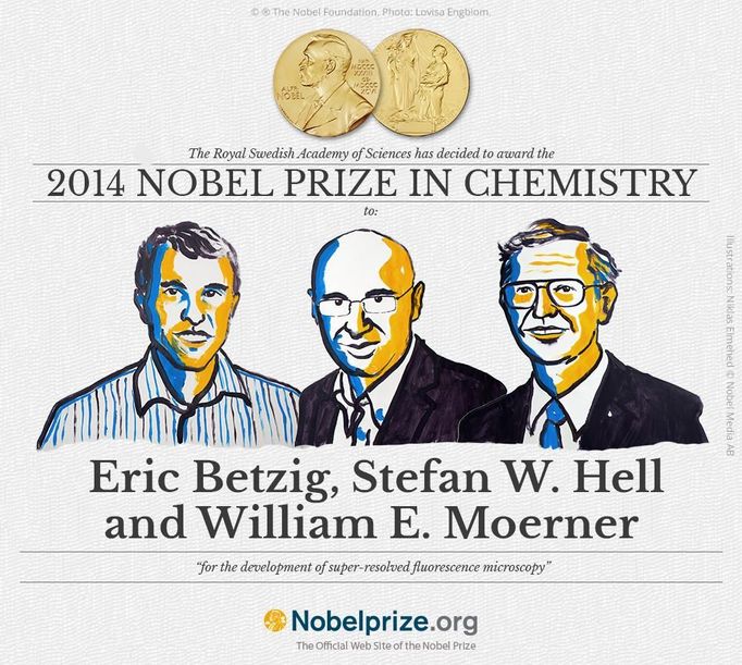 Eric Betzig, Stefan W. Hell a William E. Moerner. Laureáti Nobelovy ceny za chemii pro rok 2014.