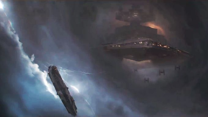 Loď Millenium Falcon se ve filmu bude snažit dostat z dosahu imperiálního křižníku.