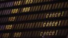 A flight information board shows flights cancelled as members of German air carrier Lufthansa cabin crew union "UFO" attend a wage strike at the Berlin Tegel airport, September 4, 2012. Lufthansa passengers face further disruption after cabin crew representatives said late on Monday they would go on strike on Tuesday for 8 hours in Frankfurt and Berlin in a row over pay and conditions. REUTERS/Tobias Schwarz (GERMANY - Tags: TRANSPORT BUSINESS EMPLOYMENT CIVIL UNREST) Published: Zář. 4, 2012, 5:46 dop.