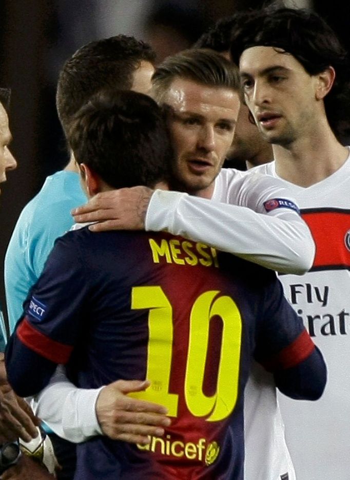 Fotbal, Barcelona - Paris St. Germain: Lionel Messi a David Beckham