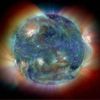 The Sun at Solstice The Sun has reached its northernmost point in planet Earth's sky marking a season change and the first solstice of the year 2004. We celebrate the arrival of summer with this false-color composite of three images from the space-based Solar and Heliospheric Observatory (SOHO), a mission of international cooperation between NASA and the European Space Agency (ESA). All three images are made in extreme ultraviolet light, but each individual image highlights a different temperature range in the upper solar atmosphere: Red at 2 million, green at 1.5 million, and blue at 1 million degrees Celsius (3.6 million, 2.7 million, and 1.8 million degrees Fahrenheit). The combined image shows bright active regions strewn across the solar disk, which would otherwise appear as dark groups of sunspots in visible light images. SOHO's spectacular images are also featured in the cover article from this month's National Geographic magazine. Image From Astronomy Picture of the Day, Credit: NASA/ESA
