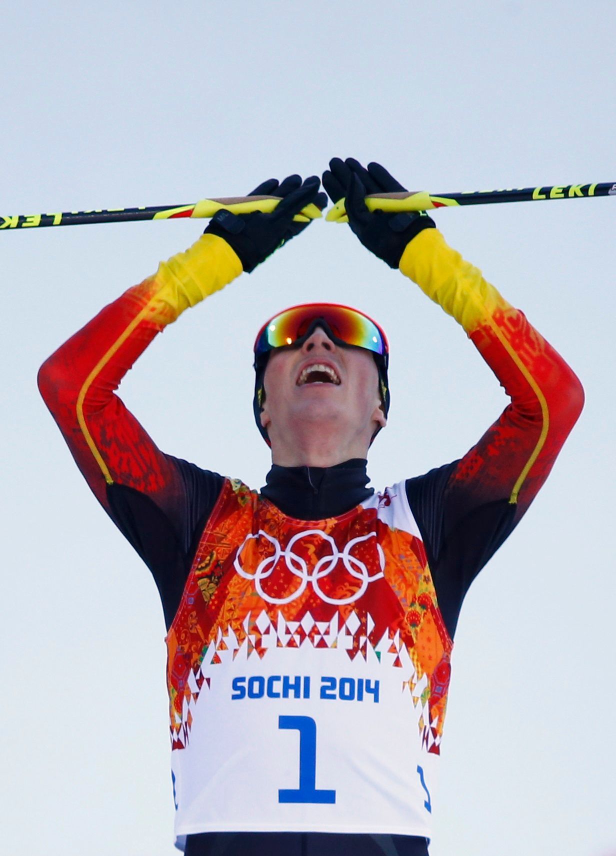 Eric Frenzel se raduje z první zlaté olympijské medaile v Soči