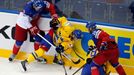 Sweden's Gustav Nyquist (2nd L) and Linus Klasen (2nd R) protect the puck from the Czech Republic's Jan Kolar (L) and Jakub Klepis (R) during the third period of their me