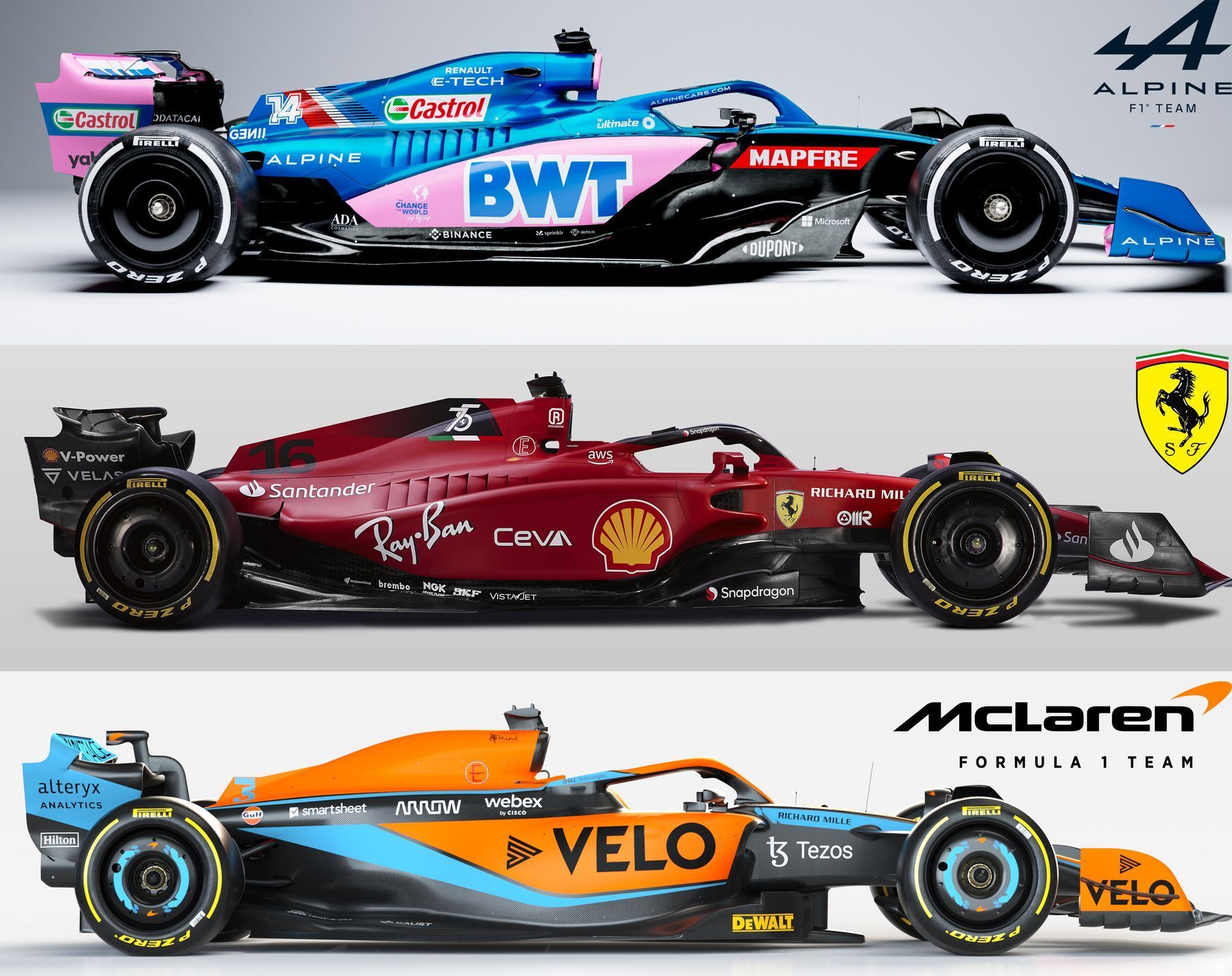 Porovnání monopostů F1 Alpine, Ferrari a McLaren pro letošní sezonu