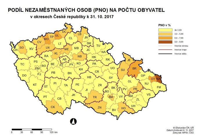 Nezaměstnanost podle regionů v říjnu 2017