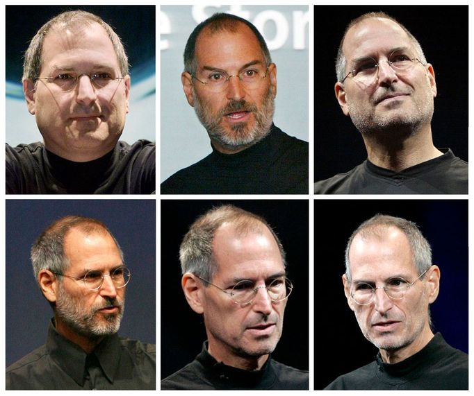 Steve Jobs v proměnách času. V horním pásku se díváte na fotografie (zleva doprava) z let 2000, 2003 a 2005. Ve spodní řadě jsou snímky z let 2006, 2008 a 2009.