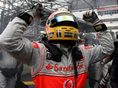 Lewis Hamilton se raduje z vítězství v šampionátu formule 1
