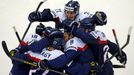 Slovakia's Ladislav Nagy (27) celebrates his second goal against Norway with team mates during the third period of their men's ice hockey World Championship group A game