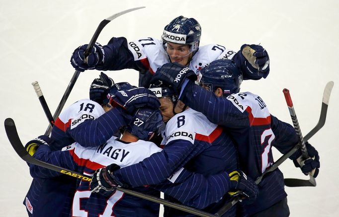 Slovakia's Ladislav Nagy (27) celebrates his second goal against Norway with team mates during the third period of their men's ice hockey World Championship group A game