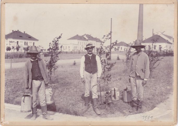 Pacienti Ústavu pro choromyslné v Bohnicích při pracovní terapii. Rok 1911.