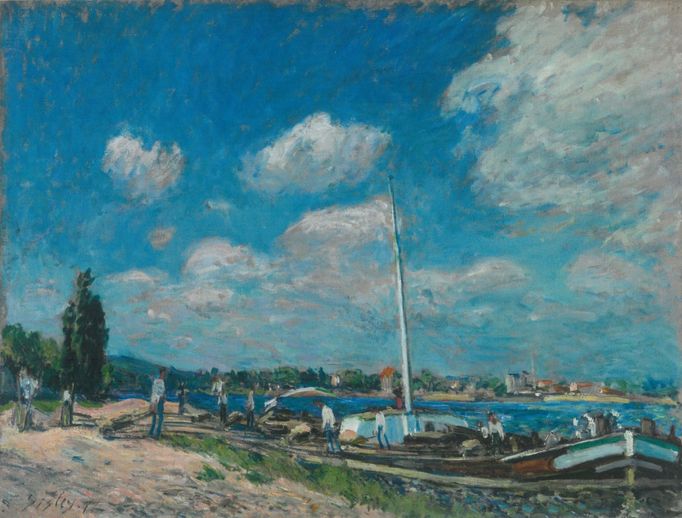 Alfred Sisley: Vykládání nákladních člunů v Billancourtu, 1877