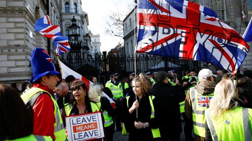 Podporovatelé brexitu demonstrují před sídlem britské premiérky.