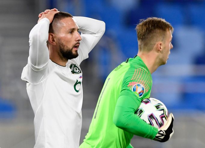 Conor Hourihane reacts alongside Slovakia’s Marek Rodak.