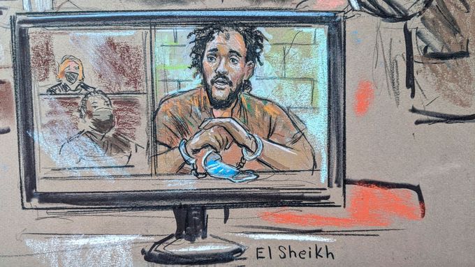 Skica zobrazuje jednoho ze dvojice obviněných mužů, kteří se jako členové teroristické organizace Islámský stát (IS) měli podílet na vraždách amerických zajatců v Sýrii.