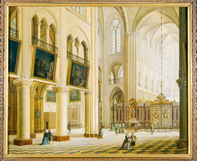 Interiér katedrály Notre-Dame v Paříži, přibližně rok 1780. Olejomalba z 18. století vystavená v Musée de Notre-Dame.