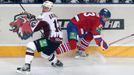 Hokejista Guntis Galvinš vyhazuje před Ľubošem Bartečkem v utkání KHL 2012/13 mezi Lvem Praha s Dinamem Riga.