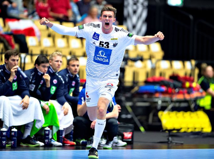 IHF Handball World Championship - Germany &amp; Denmark 2019 - Group C - Norway v Austria - Herning, Denmark - January 14, 2019. Nikola Bilyk of Austria celebrates. Ritza