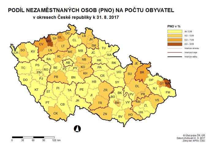 Mapa nezaměstnanosti srpen 2017