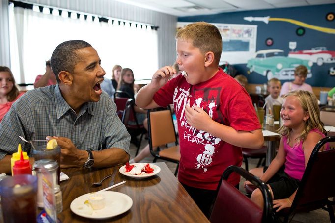 July 5, 2012 "'Anyone want to try a piece of my strawberry pie,' the President asked those at adjacent tables during a stop for lunch at Kozy Corners restaurant in Oak Harbor, Ohio. A young boy said yes and came over for a big bite of pie."