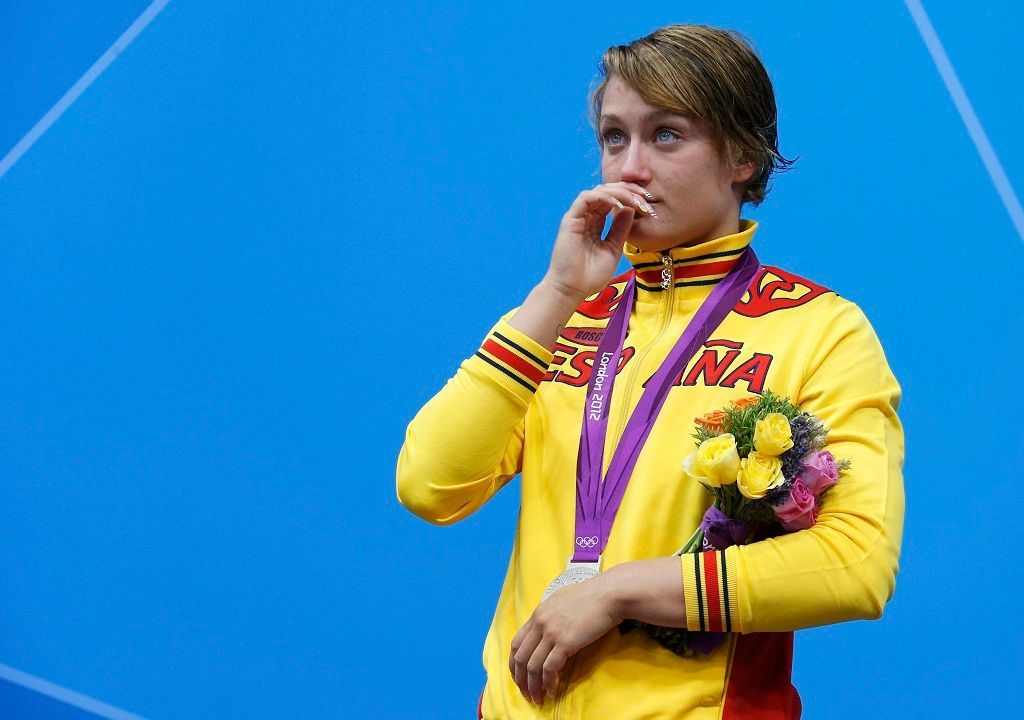 Španělská plavkyně Mirea Garciová, pláč medailistů na olympijských hrách v Londýně 2012