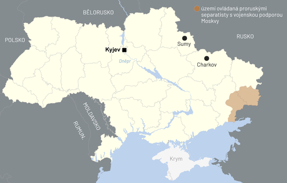 Na mapě je vidět, kde leží město Sumy a kde se nacházejí separatisté. Neukazuje však postup ruské armády.
