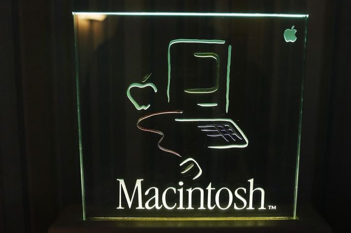 The logo for the original 128K Macintosh computer is displayed at the Vintage Mac Museum in Malden, Massachusetts January 18, 2014, ahead of the 30th anniversary of the original Macintosh computer January 24, 2014.