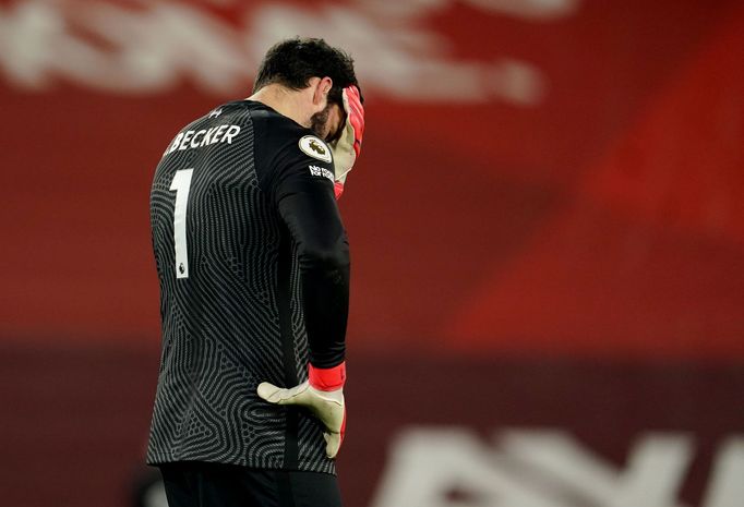 Soccer Football - Premier League - Liverpool v Manchester City - Anfield, Liverpool, Britain - February 7, 2021 Liverpool's Alisson reacts after conceding their third goa