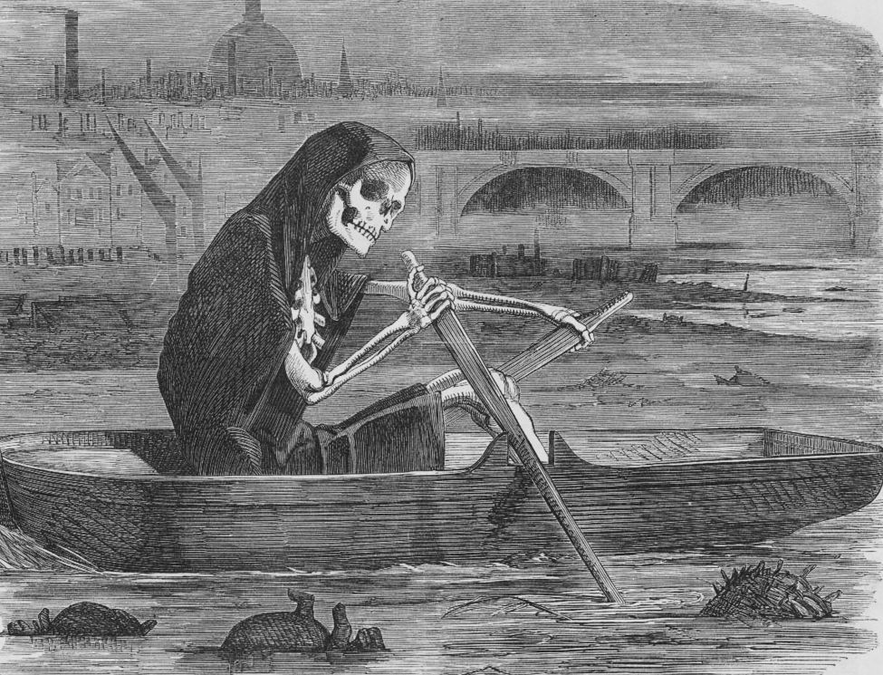 Obrázek z dob tzv. Velkého zápachu v Londýně. Smrtka vesluje po Temži a bere životy těm, kdo nezaplatili za vyčištění řeky.