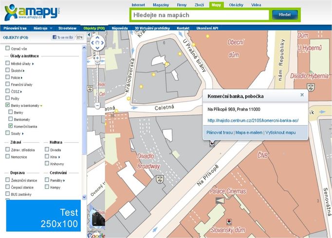 Při hledání v aMapy.cz si lze nyní vyfiltrovat i stovky přímých kontaktů na nejbližší službu Komerční banky.