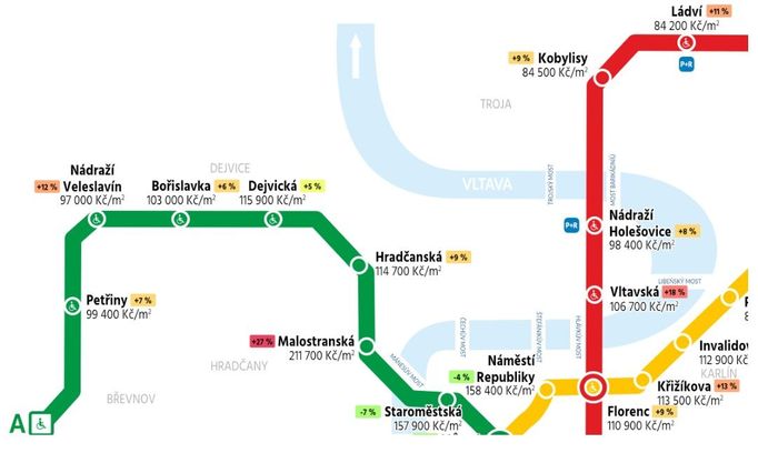 Tržní ceny bytů u jednotlivých stanic pražského metra (pro kompletní zobrazení rozklikněte)