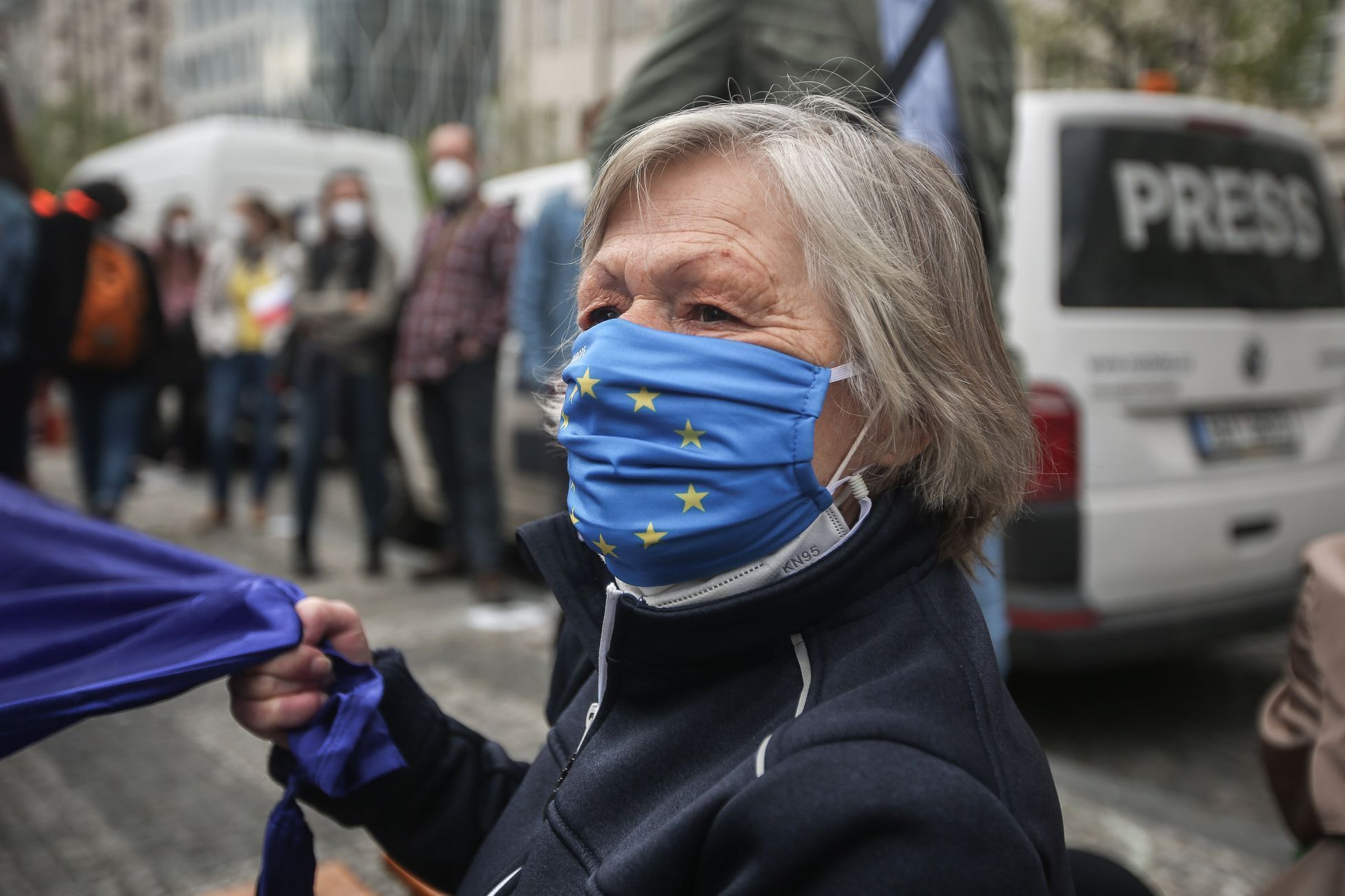 Demonstrace Milion chvilek demokracie, Evropská unie, EU, Václavské náměstí, duben 2021, respirátory, protest