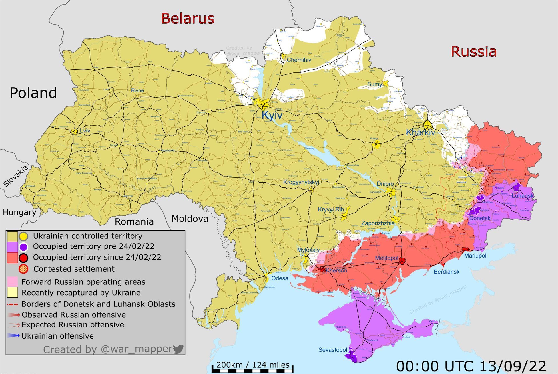 Bílé vyznačené území je to, které se Ukrajincům od počátku invaze podařilo osvobodit.
