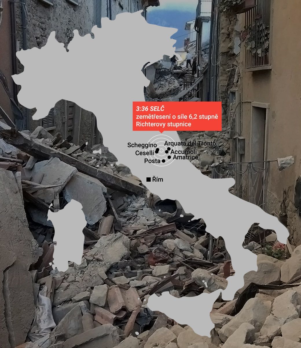 mapa - zemětřesení v Itálii