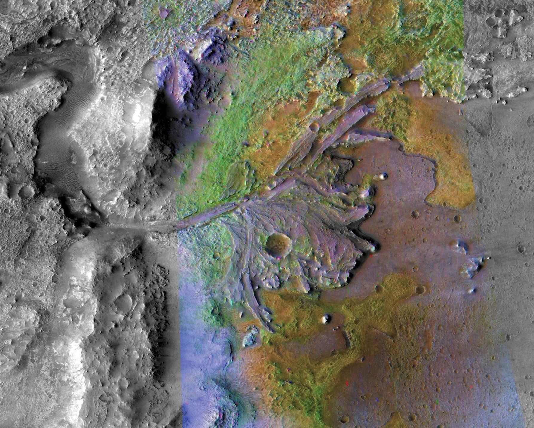 Vějíře a delty na Marsu v kráteru Jezero.