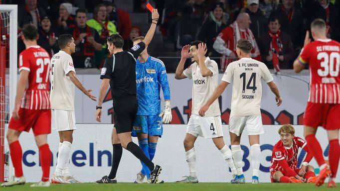 Soccer Football - Bundesliga - SC Freiburg v 1. FC Union Berlin - Europa Park Stadion, Freiburg, Germany - November 13, 2022 1. FC Union Berlin's Diogo Leite is shown a r