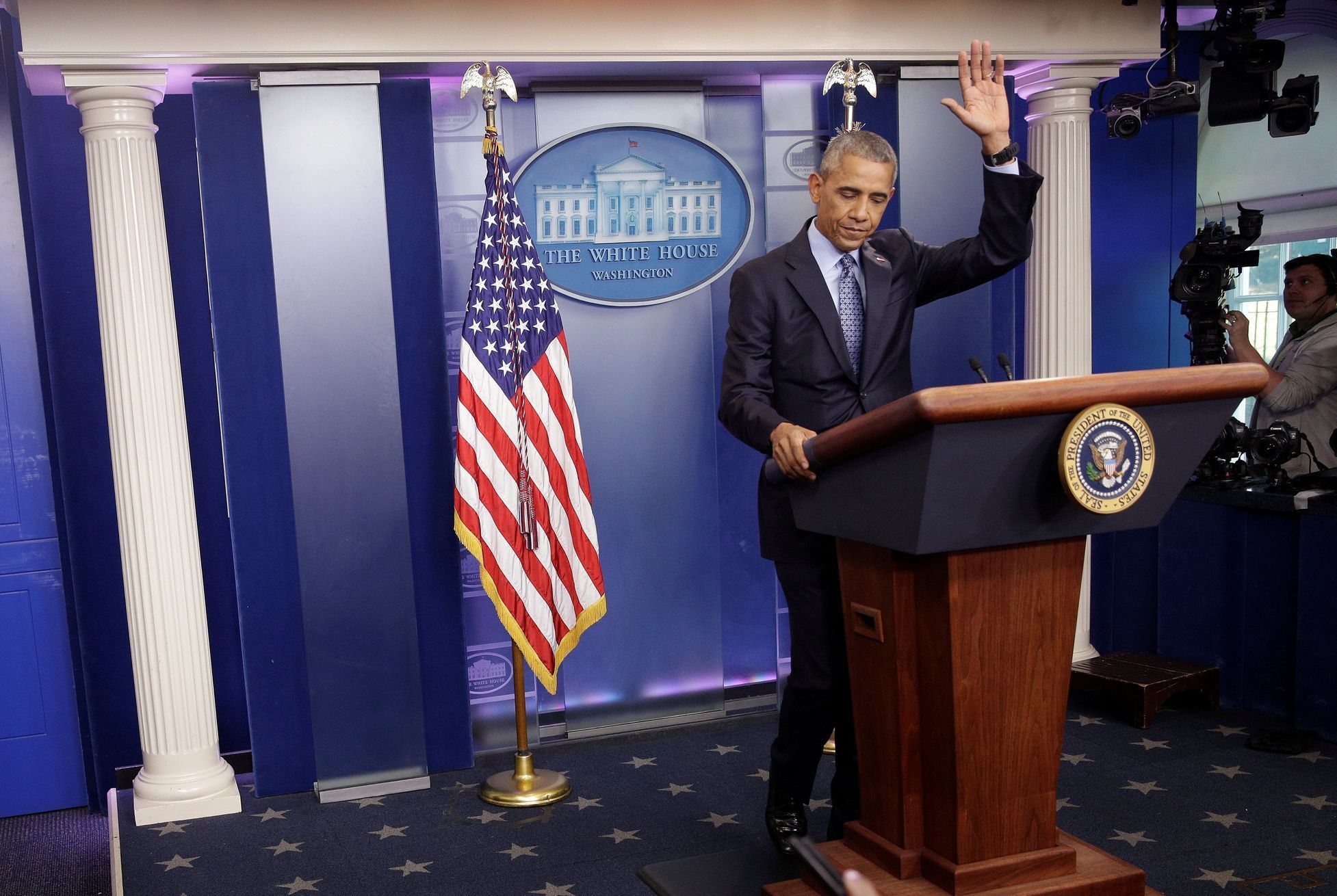 Barack Obama na své poslední tiskové konferenci v Bílém domě ve středu 18. ledna 2017.