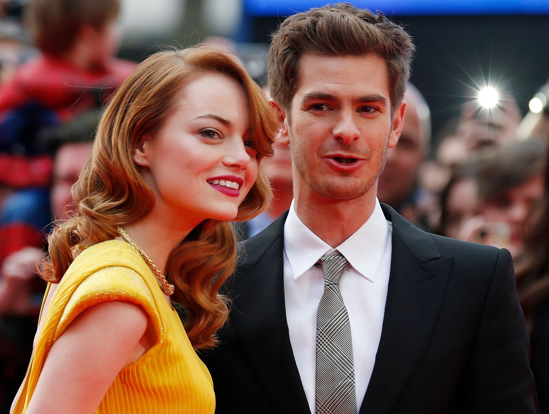 Actors Emma Stone and Andrew Garfield arrive at the world premiere of The Amazing Spiderman 2 in central London