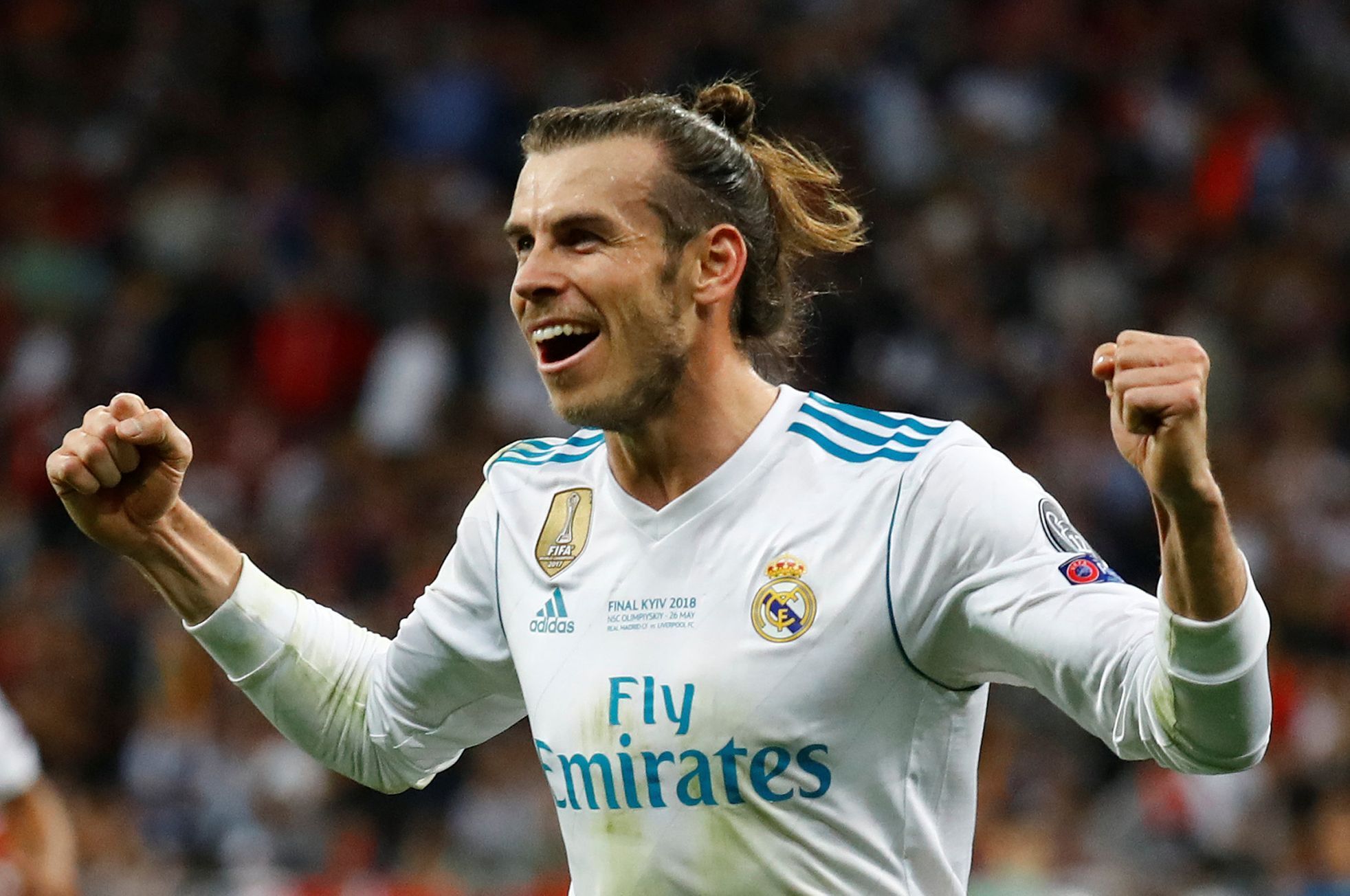 fotbal, Liga mistrů 2017/2018, Real Madrid - Liverpool, Gareth Bale slaví svůj gól