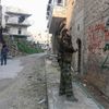 A Free Syrian Army fighter sprays graffiti on a wall prior to the new year in Aleppo
