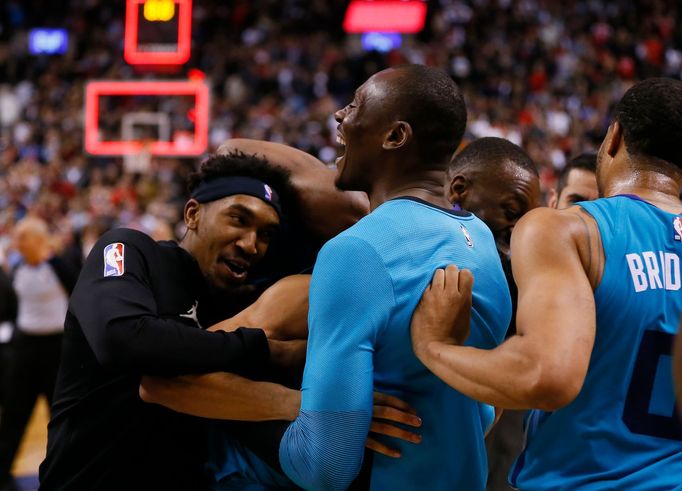 Mar 24, 2019; Toronto, Ontario, CAN; Charlotte Hornets players celebrate after guard Jeremy Lamb (not pictured) hits a buzzer beater to defeat the Toronto Raptors at Scot