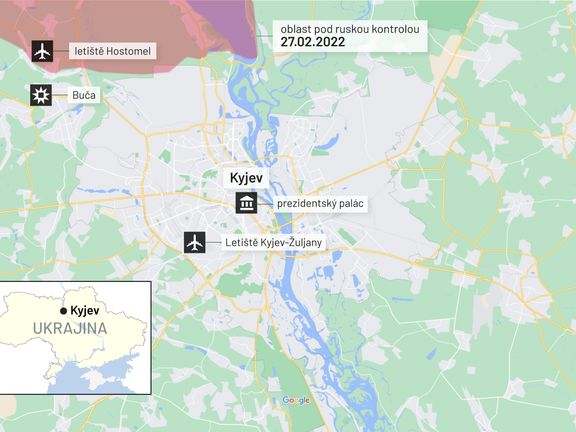 Mapa Kyjeva a okolí se zaznačeným územím pod kontrolou Ruska.