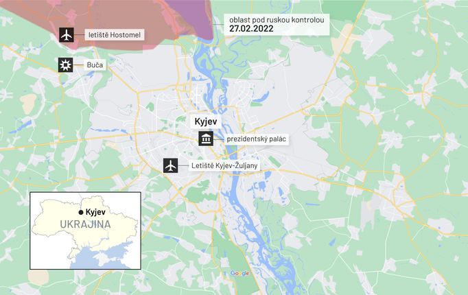 Mapa Kyjeva a okolí se zaznačeným územím pod kontrolou Ruska.