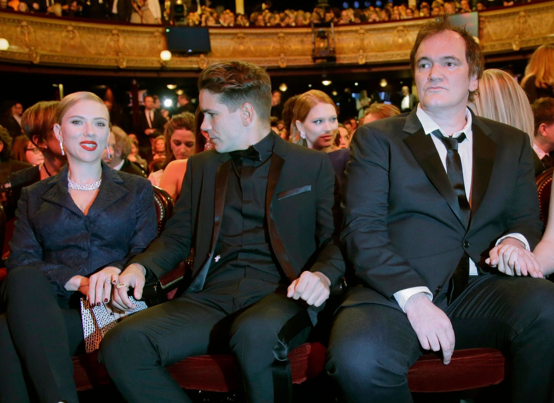 US actress Scarlett Johansson ), her partner Romain Dauriac  and US director Quentin Tarantino attend  the 39th Cesar Awards ceremony in Paris