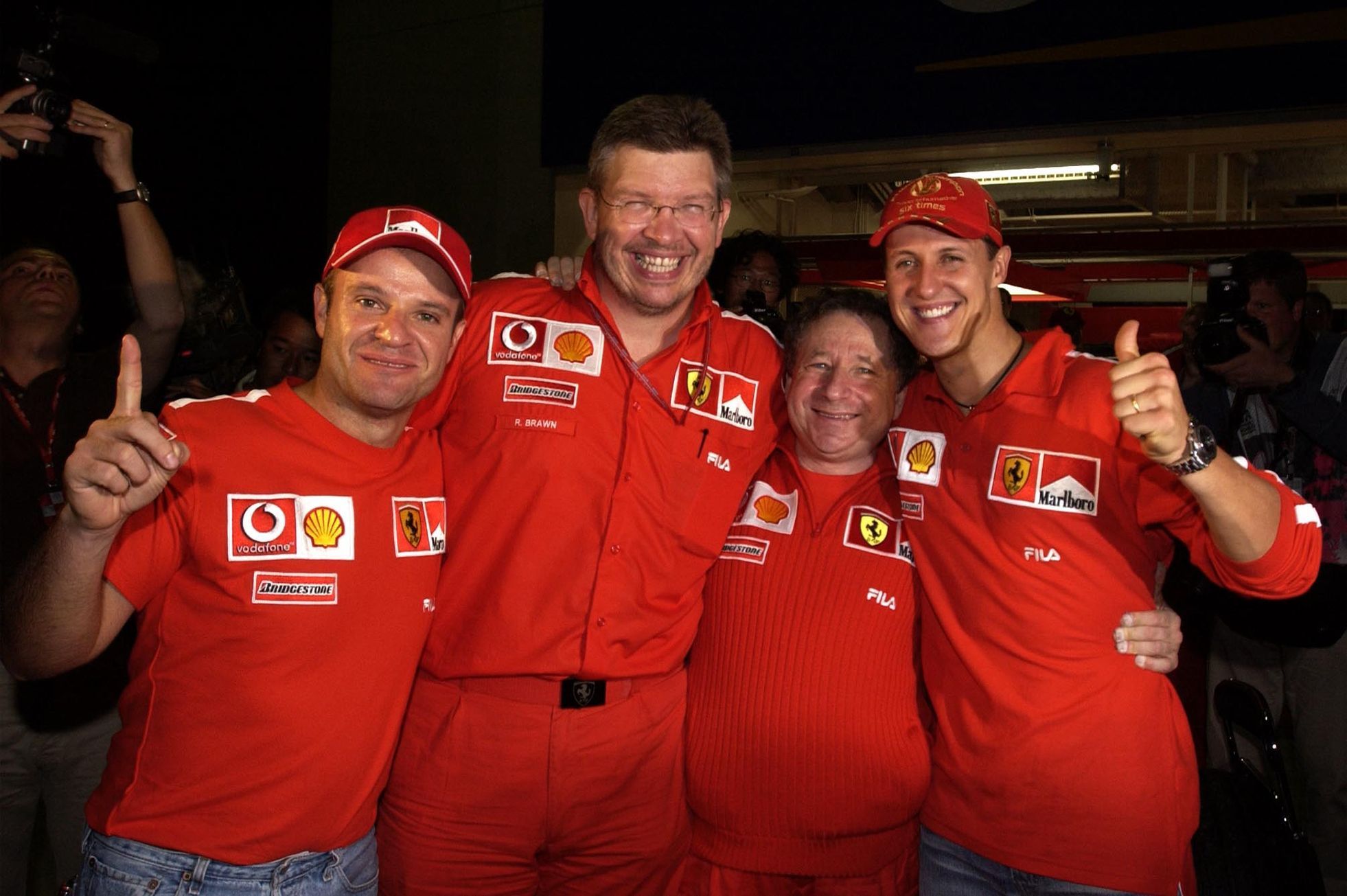 F1, VC Japonska 2003: Rubens Barrichello, Ross Brawn, Jean Todt a Michael Schumacher, Ferrari