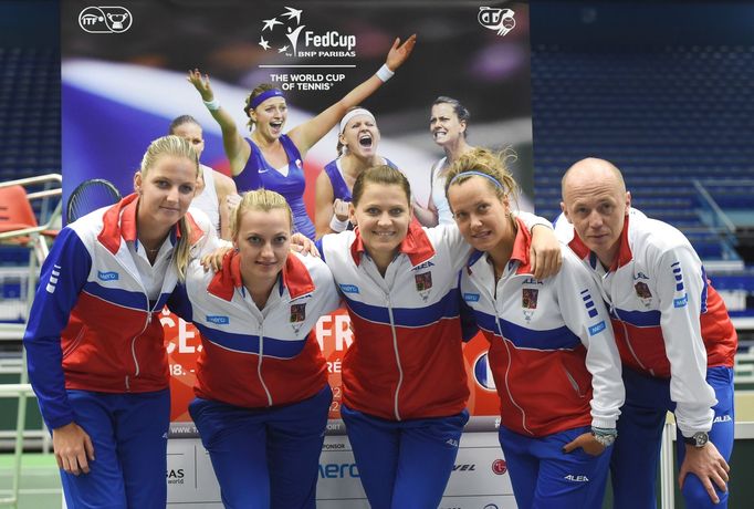 Zleva jsou Karolína Plíšková, Petra Kvitová, Lucie Šafářová, Barbora Strýcová a nehrající kapitán Petr Pála.