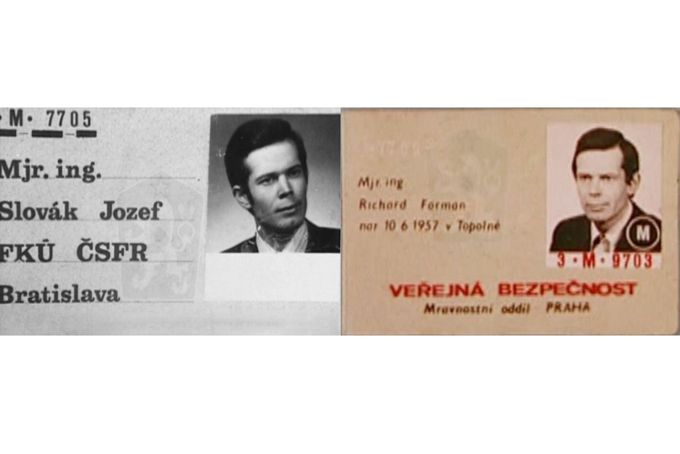 Koláž falešných služebních průkazů sériového vraha Jozefa Slováka, které používal k manipulaci obětí na počátku 90. let v Československu.