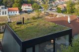 Černá minimalistická stavba má zelenou střechu...